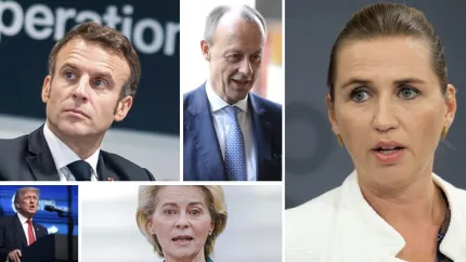 Frankrigs præsident Emmanuel Macron, Tysklands kommende kansler Friedrich Merz, Danmarks statsminister Mette Frederiksen, EU-kommisionsformand Ursula Von der Leyen og USA's præsident Donald Trump.